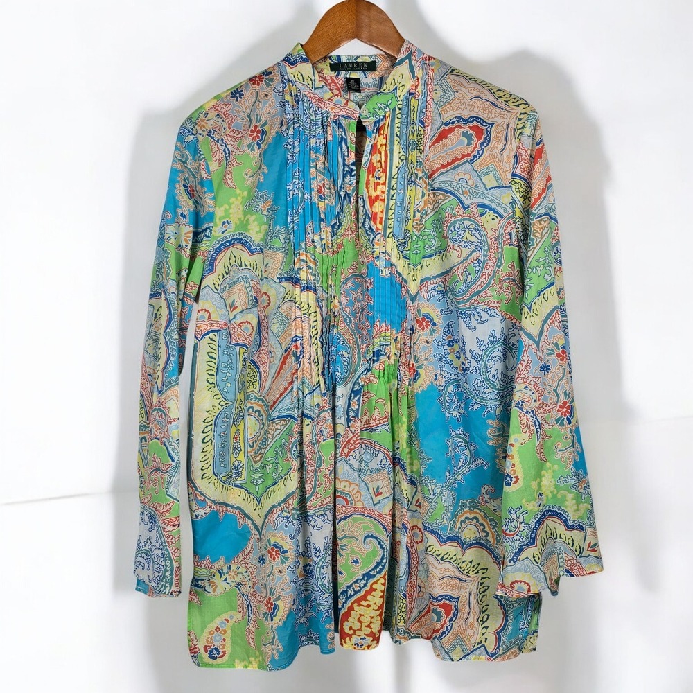 LAUREN Ralph Lauren Tunic Women 1X Paisley Print Pleated Front Bell Split Sleeve